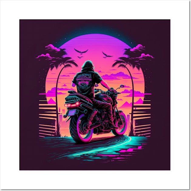 Retro Vintage Motorcycle in Synthwave Style Wall Art by Snoe